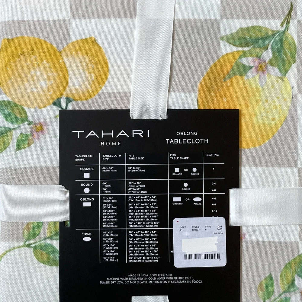 TAHARI Checkered Summer Lemons Tablecloth 60x120 Beige & White NEW